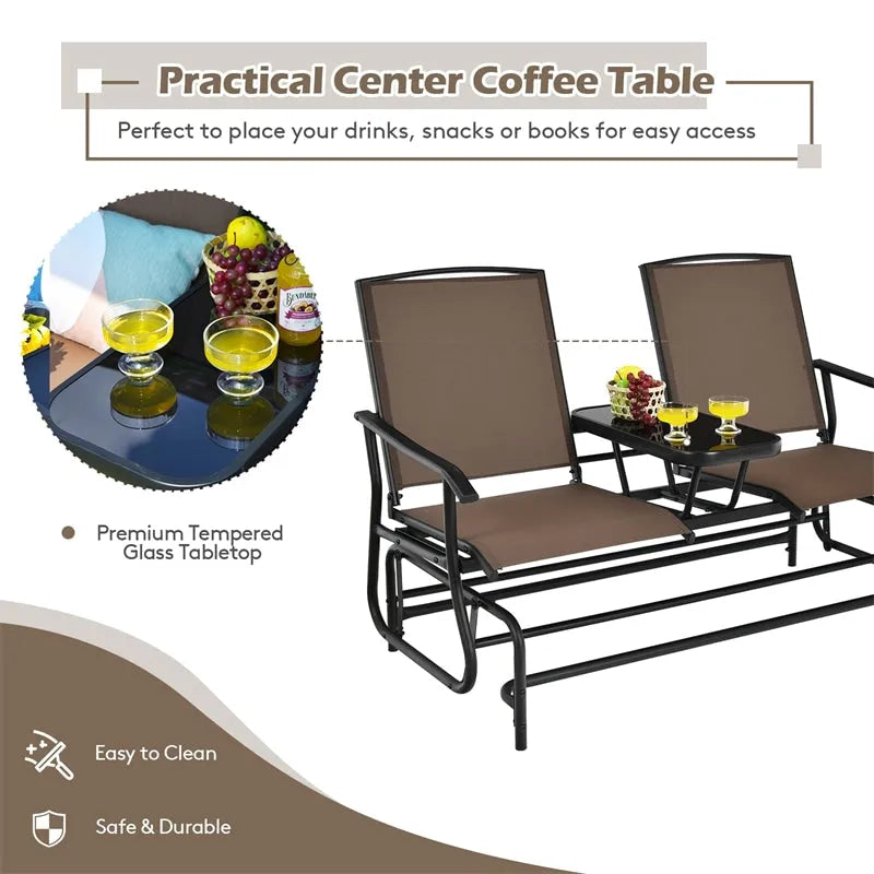 Outdoor 2-Person Rocking Loveseat Patio Bench Glider Chair with Center Tempered Glass Table