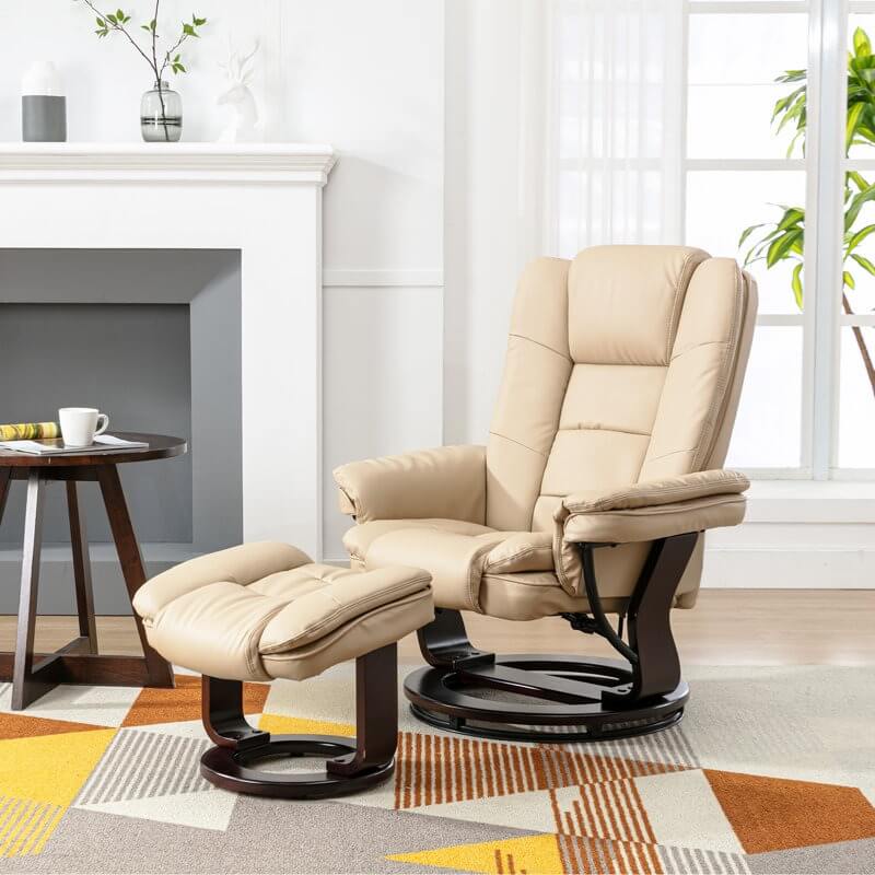 Contemporary Multi-Position Recliner and Curved Ottoman with Swivel Base
