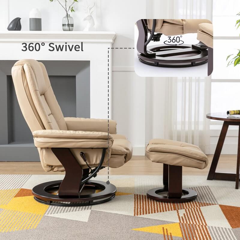 Contemporary Multi-Position Recliner and Curved Ottoman with Swivel Base
