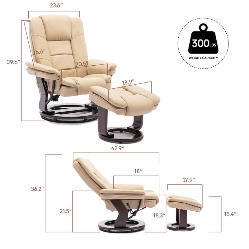 Contemporary Multi-Position Recliner and Curved Ottoman with Swivel Base