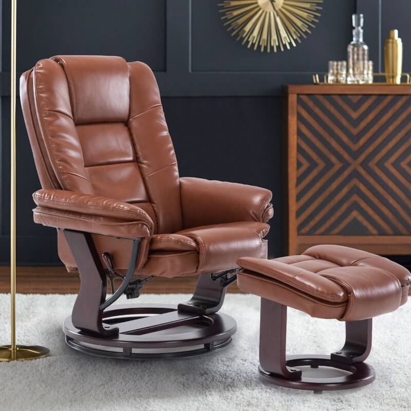 Contemporary Multi-Position Recliner and Curved Ottoman with Swivel Base