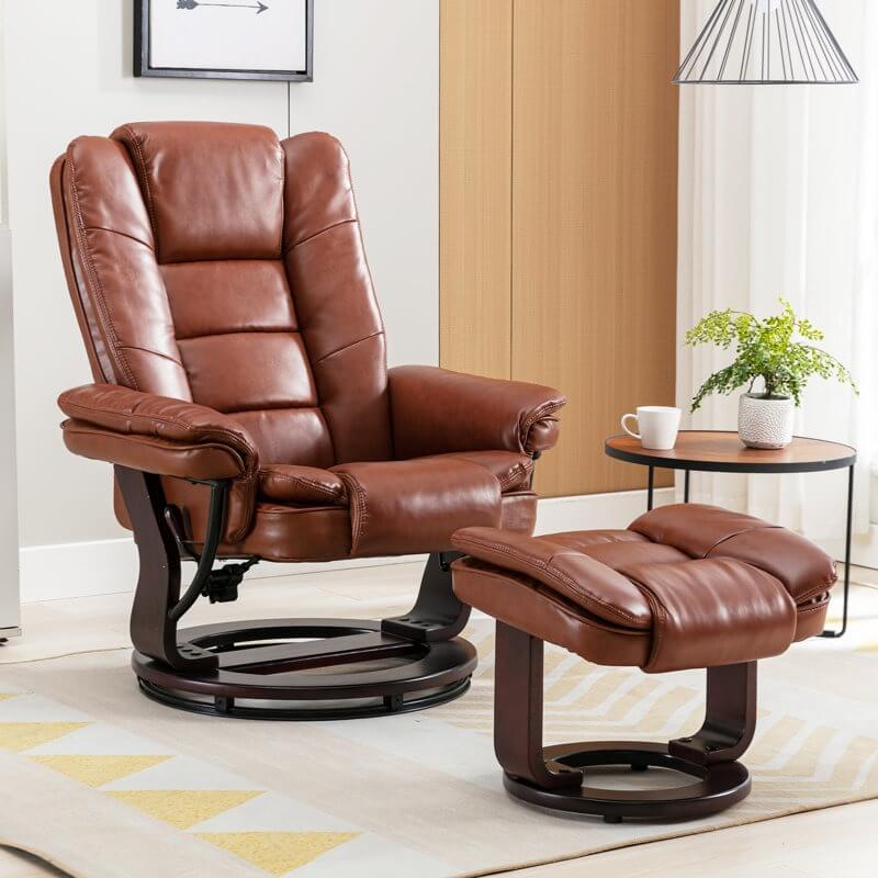 Contemporary Multi-Position Recliner and Curved Ottoman with Swivel Base