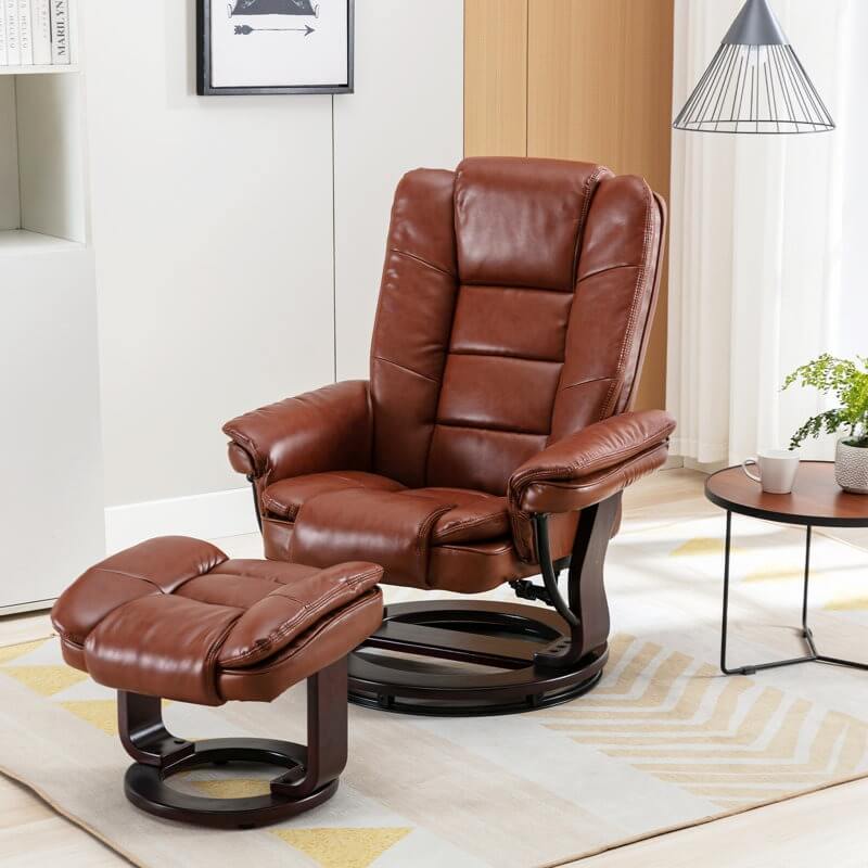Contemporary Multi-Position Recliner and Curved Ottoman with Swivel Base